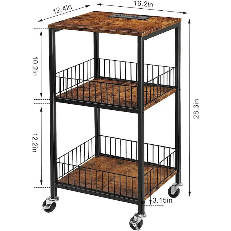 Table d'appoint à 3 niveaux en MDF noir/marron et acier avec station de charge (2 prises CA + 2 ports USB) – Simple
