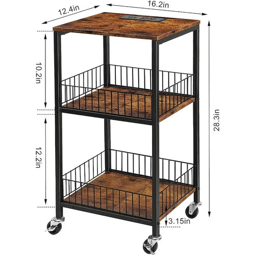 Table d'appoint à 3 niveaux en MDF noir/marron et acier avec station de charge (2 prises CA + 2 ports USB) – Simple