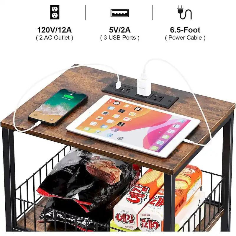 Table d'appoint à 3 niveaux en MDF noir/marron et acier avec station de charge (2 prises CA + 2 ports USB) – Simple