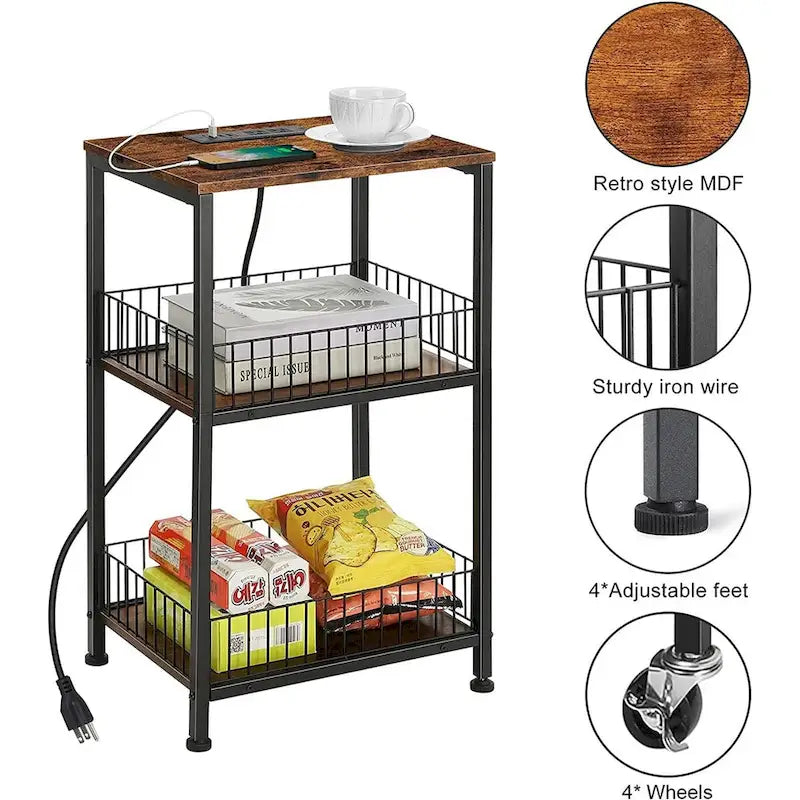 Table d'appoint à 3 niveaux en MDF noir/marron et acier avec station de charge (2 prises CA + 2 ports USB) – Simple