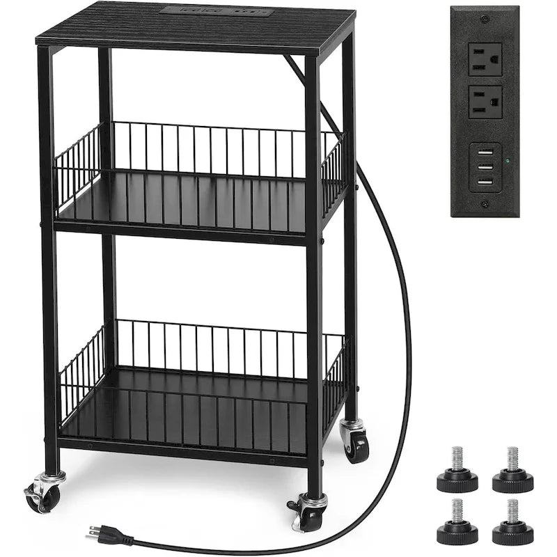 Table d'appoint à 3 niveaux en MDF noir/marron et acier avec station de charge (2 prises CA + 2 ports USB) – Simple