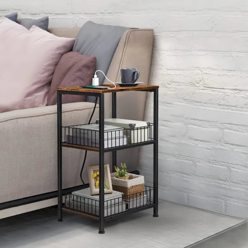 Table d'appoint à 3 niveaux en MDF noir/marron et acier avec station de charge (2 prises CA + 2 ports USB) – Simple