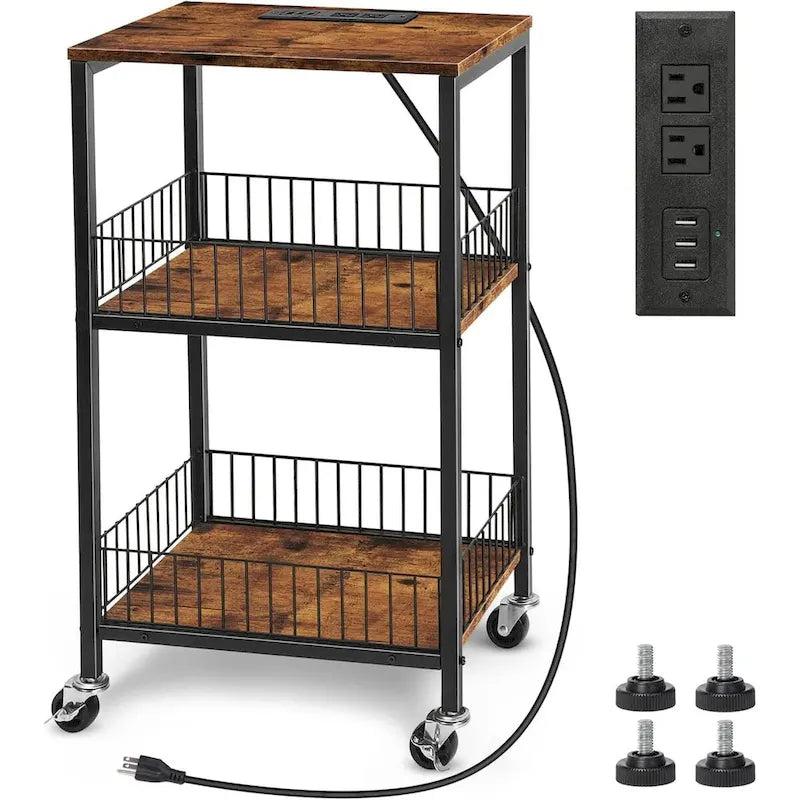 Table d'appoint à 3 niveaux en MDF noir/marron et acier avec station de charge (2 prises CA + 2 ports USB) – Simple
