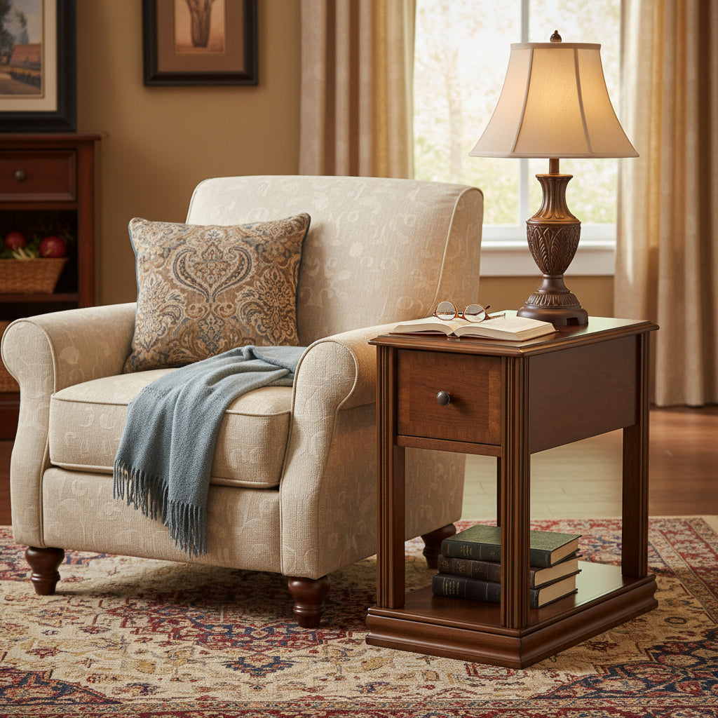 Chair Side End Table with 1 Drawer and Open Bottom Shelf, Brown