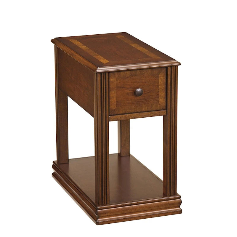 Table d'appoint avec 1 tiroir et étagère inférieure ouverte en placage marron – Simple