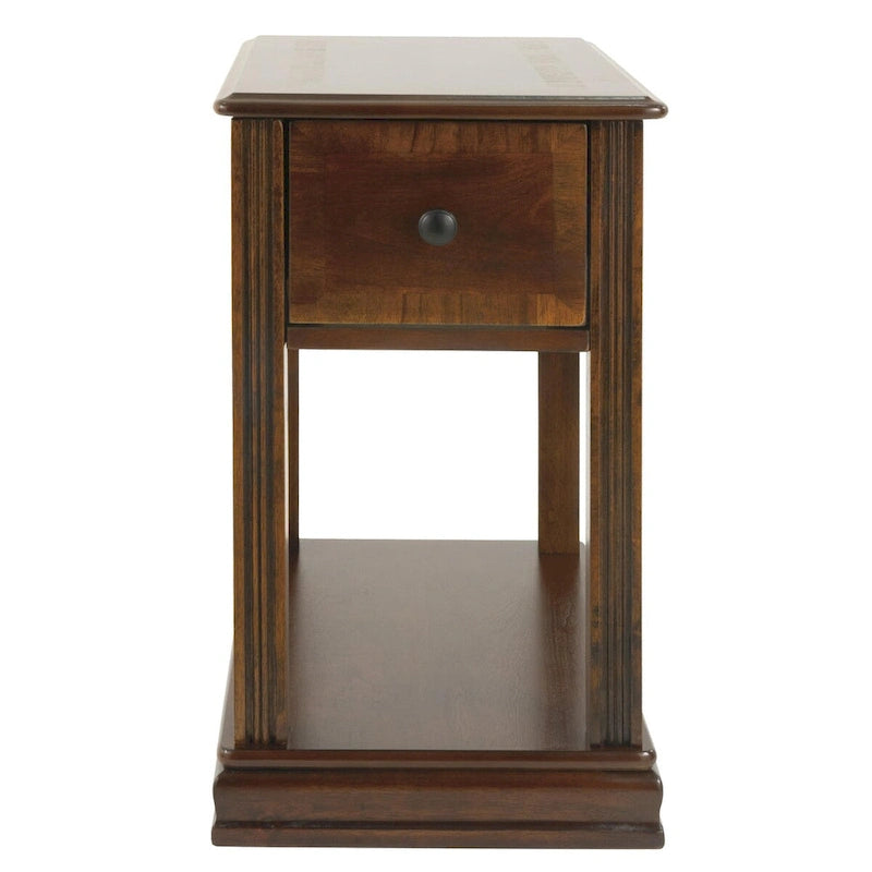 Table d'appoint avec 1 tiroir et étagère inférieure ouverte en placage marron – Simple