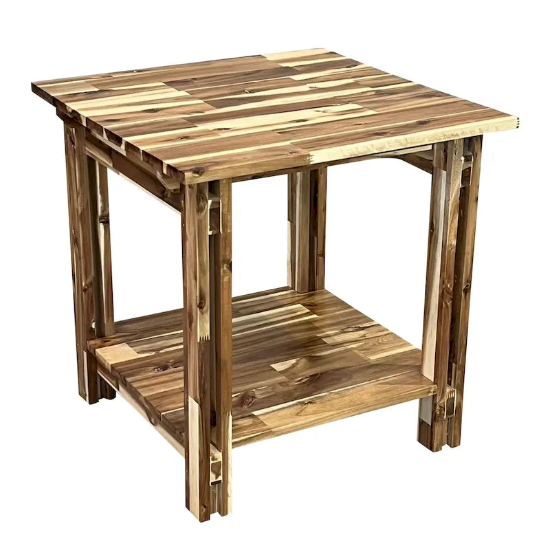 Table d'appoint en bois d'acacia massif, finition naturelle/acajou, avec étagère inférieure et pieds réglables – Simple