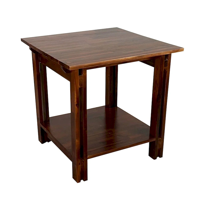 Table d'appoint en bois d'acacia massif, finition naturelle/acajou, avec étagère inférieure et pieds réglables – Simple