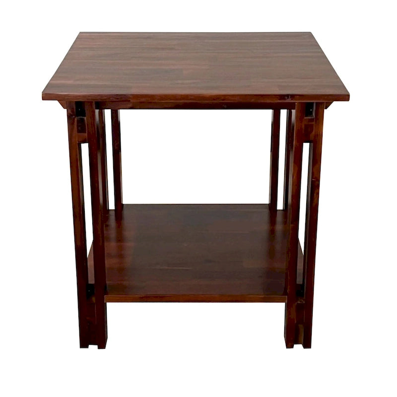 Table d'appoint en bois d'acacia massif, finition naturelle/acajou, avec étagère inférieure et pieds réglables – Simple