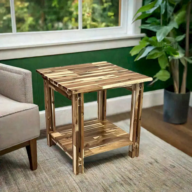 Table d'appoint en bois d'acacia massif, finition naturelle/acajou, avec étagère inférieure et pieds réglables – Simple