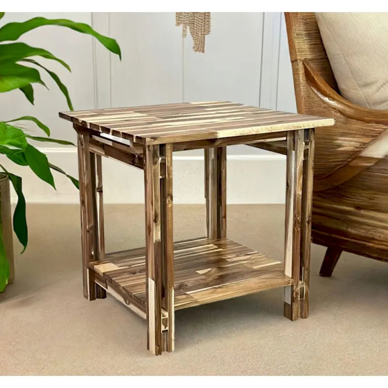 Table d'appoint en bois d'acacia massif, finition naturelle/acajou, avec étagère inférieure et pieds réglables – Simple
