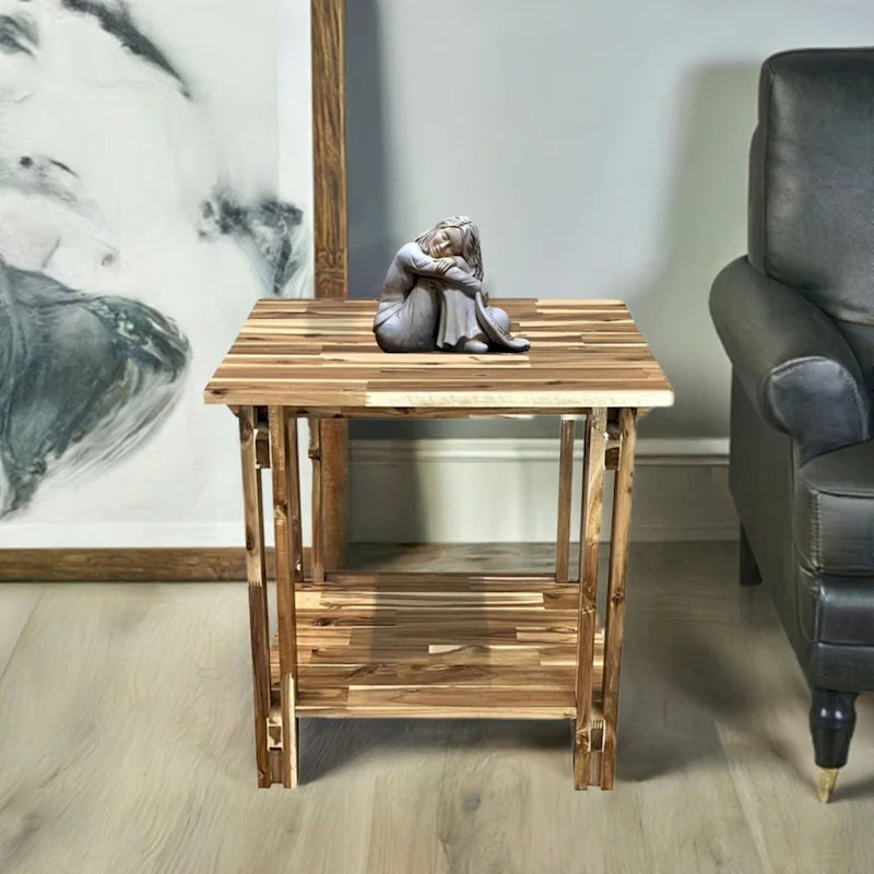 Table d'appoint en bois d'acacia massif, finition naturelle/acajou, avec étagère inférieure et pieds réglables – Simple