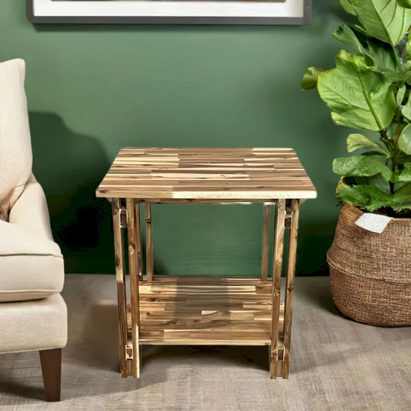 Table d'appoint en bois d'acacia massif, finition naturelle/acajou, avec étagère inférieure et pieds réglables – Simple