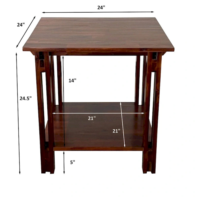 Table d'appoint en bois d'acacia massif, finition naturelle/acajou, avec étagère inférieure et pieds réglables – Simple