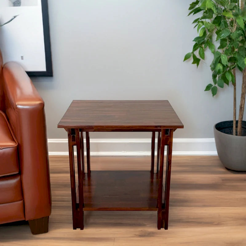 Table d'appoint en bois d'acacia massif, finition naturelle/acajou, avec étagère inférieure et pieds réglables – Simple