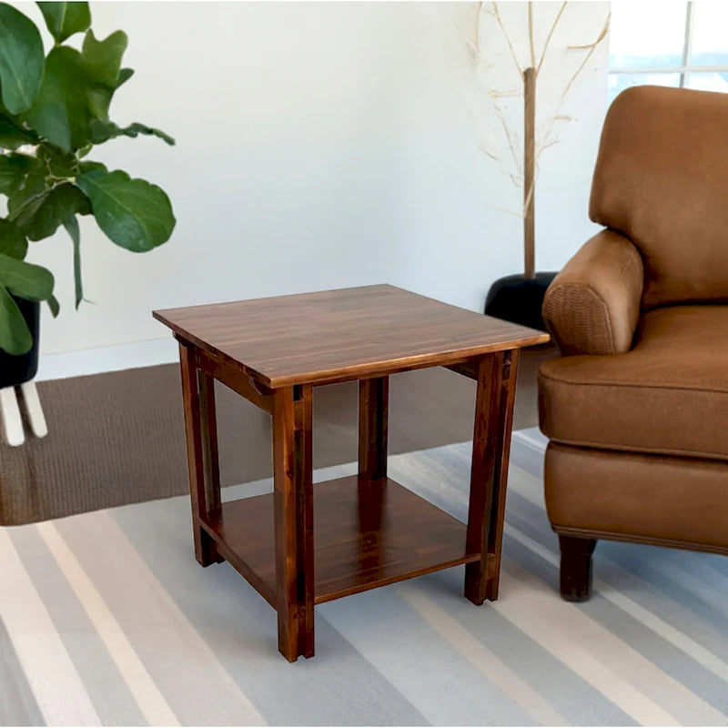 Table d'appoint en bois d'acacia massif, finition naturelle/acajou, avec étagère inférieure et pieds réglables – Simple