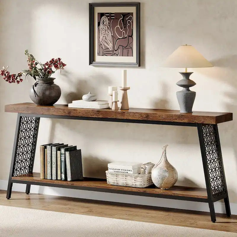 Console industrielle à 2 niveaux marron et noir avec cadre en métal – 70,9" L