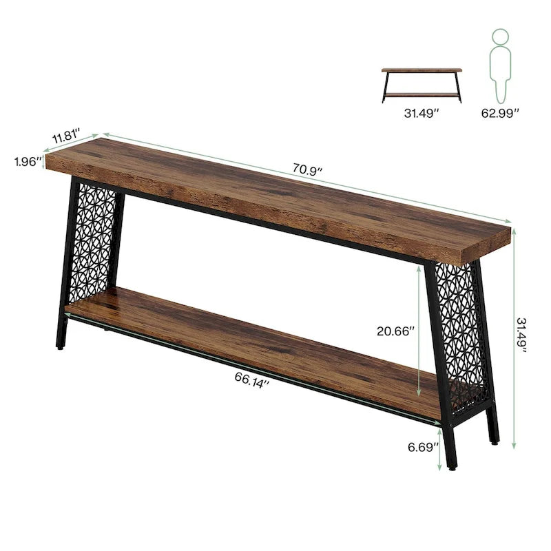 Console industrielle à 2 niveaux marron et noir avec cadre en métal – 70,9" L
