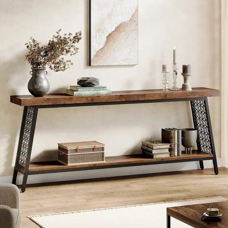 Console industrielle à 2 niveaux marron et noir avec cadre en métal – 70,9" L