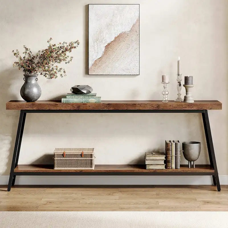 Console industrielle à 2 niveaux marron et noir avec cadre en métal – 70,9" L