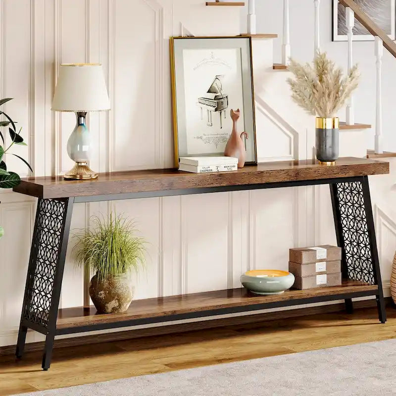 Console industrielle à 2 niveaux marron et noir avec cadre en métal – 70,9" L