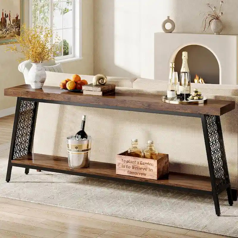 Console industrielle à 2 niveaux marron et noir avec cadre en métal – 70,9" L