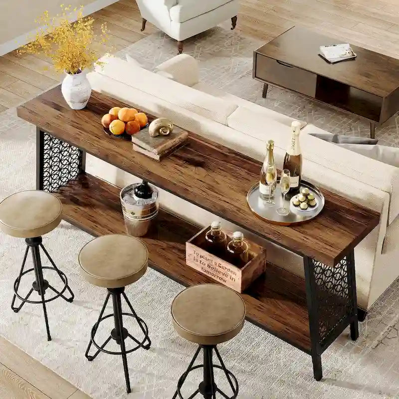 Console industrielle à 2 niveaux marron et noir avec cadre en métal – 70,9" L