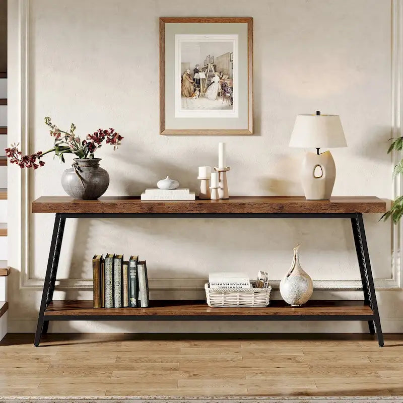 Console industrielle à 2 niveaux marron et noir avec cadre en métal – 70,9" L