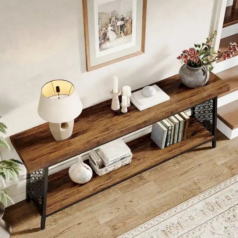 Console industrielle à 2 niveaux marron et noir avec cadre en métal – 70,9" L