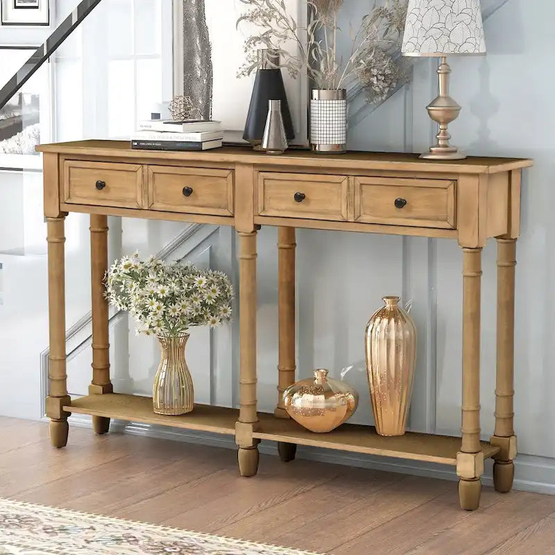 Console rustique avec 2 tiroirs et étagère inférieure - Naturel / Expresso / Ivoire / Gris / Bleu
