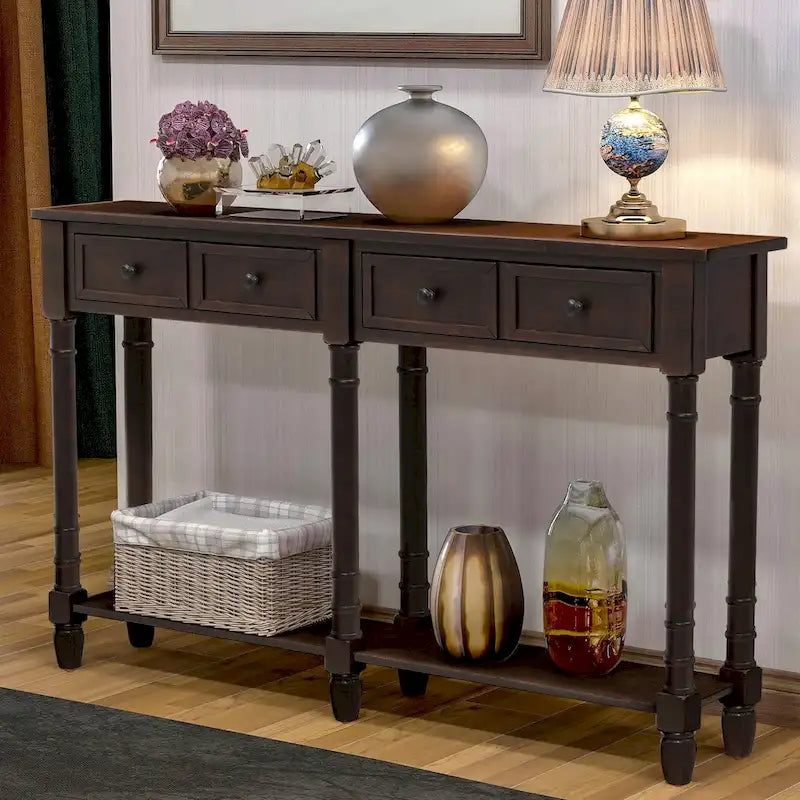 Console rustique avec 2 tiroirs et étagère inférieure - Naturel / Expresso / Ivoire / Gris / Bleu