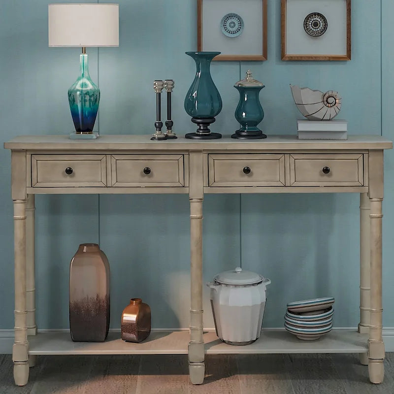 Console rustique avec 2 tiroirs et étagère inférieure - Naturel / Expresso / Ivoire / Gris / Bleu
