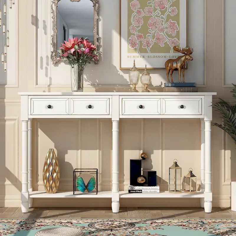 Console rustique avec 2 tiroirs et étagère inférieure - Naturel / Expresso / Ivoire / Gris / Bleu