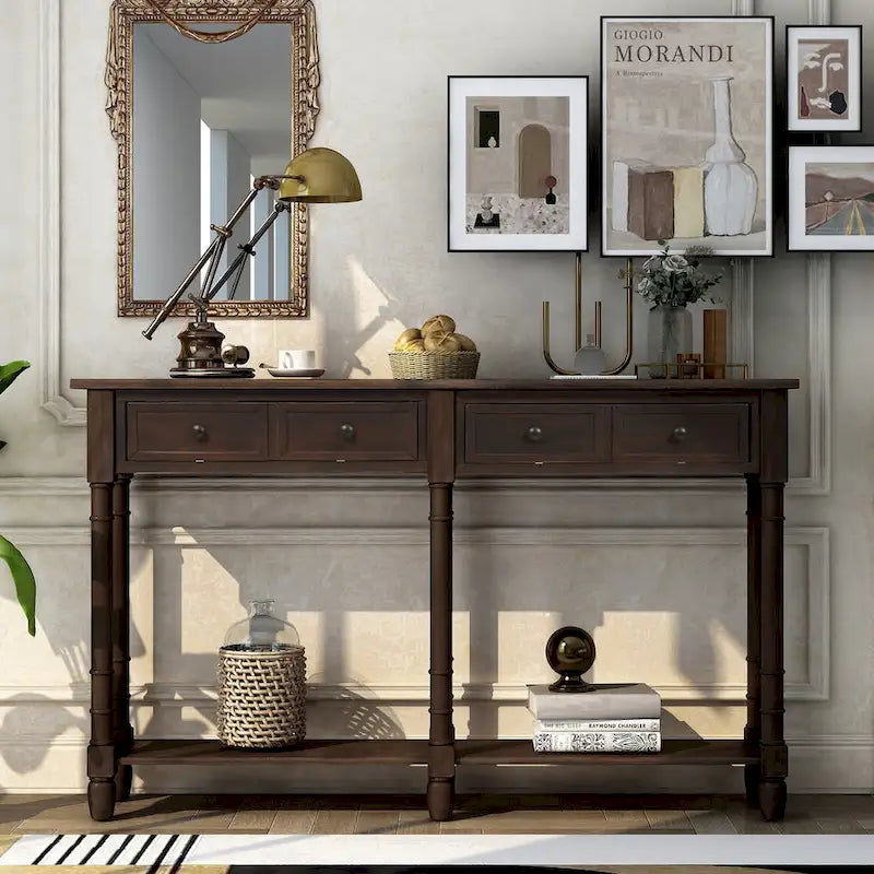 Console rustique avec 2 tiroirs et étagère inférieure - Naturel / Expresso / Ivoire / Gris / Bleu