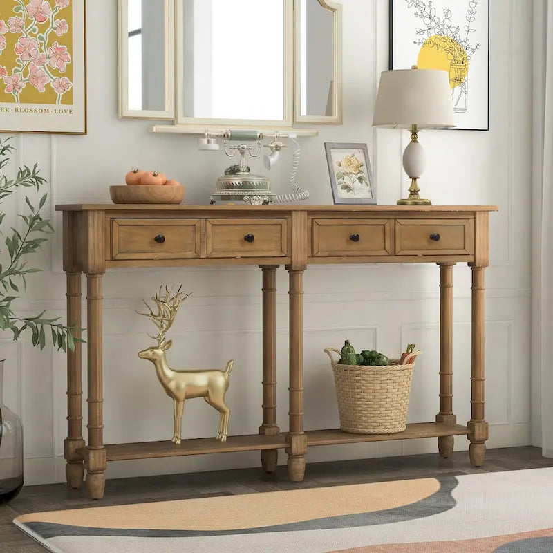 Console rustique avec 2 tiroirs et étagère inférieure - Naturel / Expresso / Ivoire / Gris / Bleu