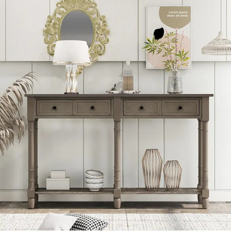 Console rustique avec 2 tiroirs et étagère inférieure - Naturel / Expresso / Ivoire / Gris / Bleu