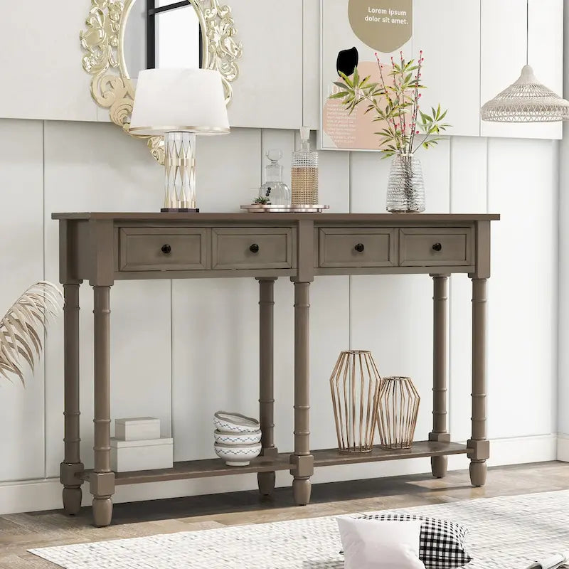 Console rustique avec 2 tiroirs et étagère inférieure - Naturel / Expresso / Ivoire / Gris / Bleu