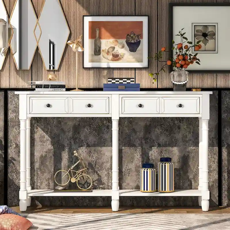 Console rustique avec 2 tiroirs et étagère inférieure - Naturel / Expresso / Ivoire / Gris / Bleu