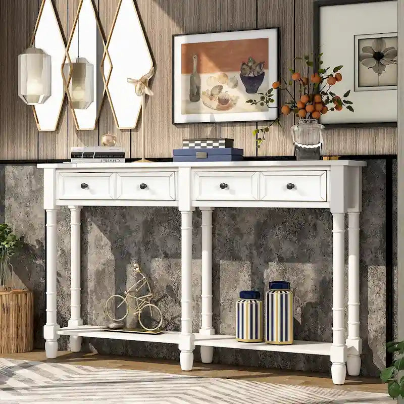 Console rustique avec 2 tiroirs et étagère inférieure - Naturel / Expresso / Ivoire / Gris / Bleu