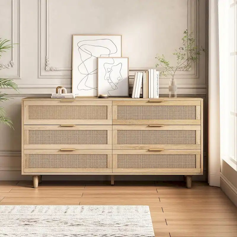 Commode de rangement d'appoint 6 tiroirs en rotin naturel/noir