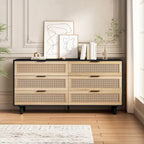 Commode de rangement d'appoint 6 tiroirs en rotin naturel/noir