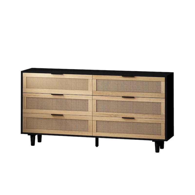 Commode de rangement d'appoint 6 tiroirs en rotin naturel/noir