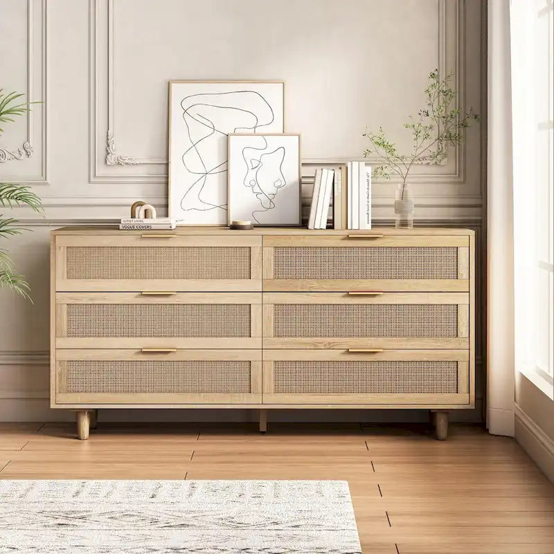 Commode de rangement d'appoint 6 tiroirs en rotin naturel/noir