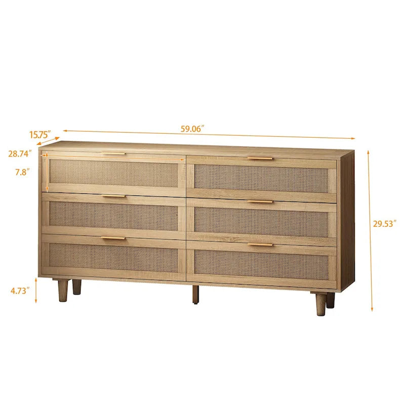 Commode de rangement d'appoint 6 tiroirs en rotin naturel/noir