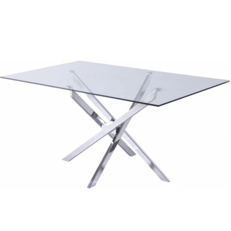Table à manger rectangulaire en verre trempé or/argent avec piètement chromé motif étoile – 4 à 6 places