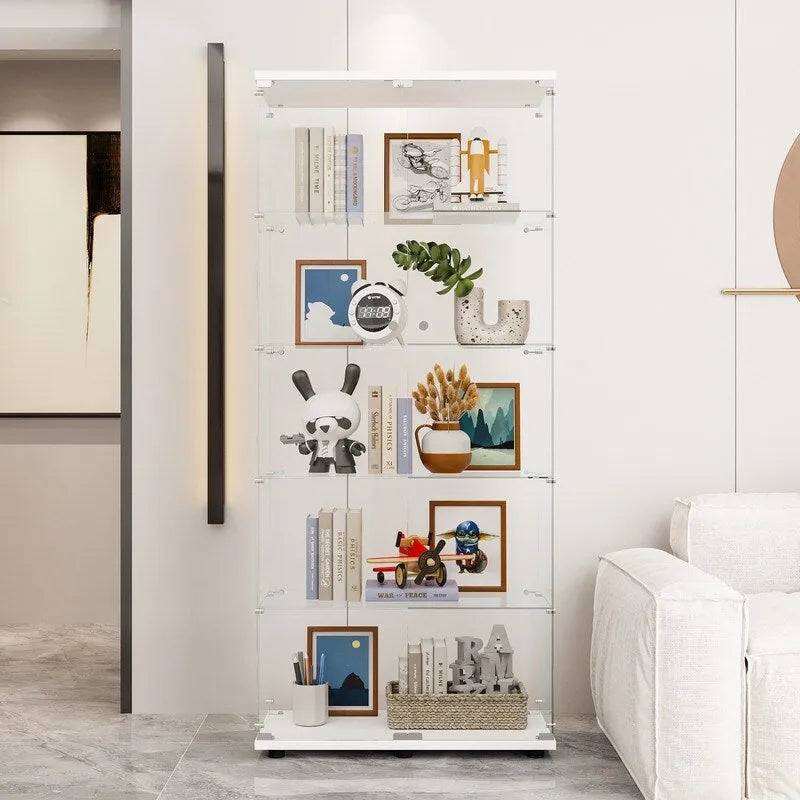 Vitrine à 5 étagères en verre trempé noir/blanc et bois massif avec portes doubles – Simple
