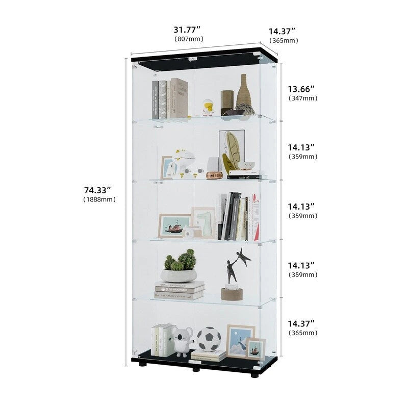 Vitrine à 5 étagères en verre trempé noir/blanc et bois massif avec portes doubles – Simple