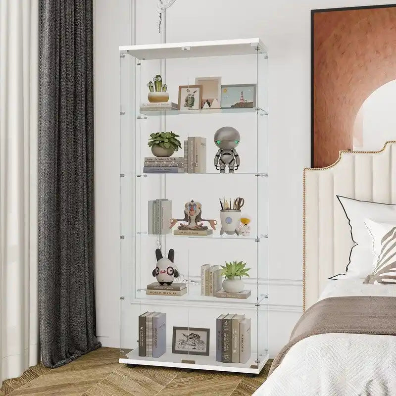 Vitrine à 5 étagères en verre trempé noir/blanc et bois massif avec portes doubles – Simple