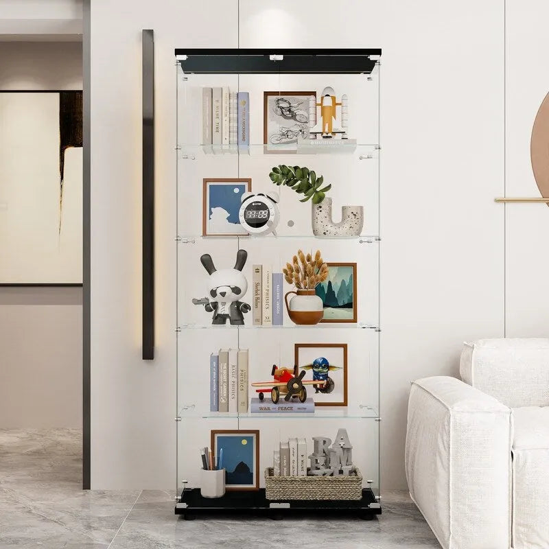 Vitrine à 5 étagères en verre trempé noir/blanc et bois massif avec portes doubles – Simple