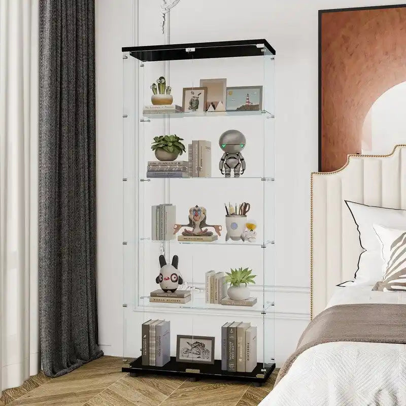 Vitrine à 5 étagères en verre trempé noir/blanc et bois massif avec portes doubles – Simple